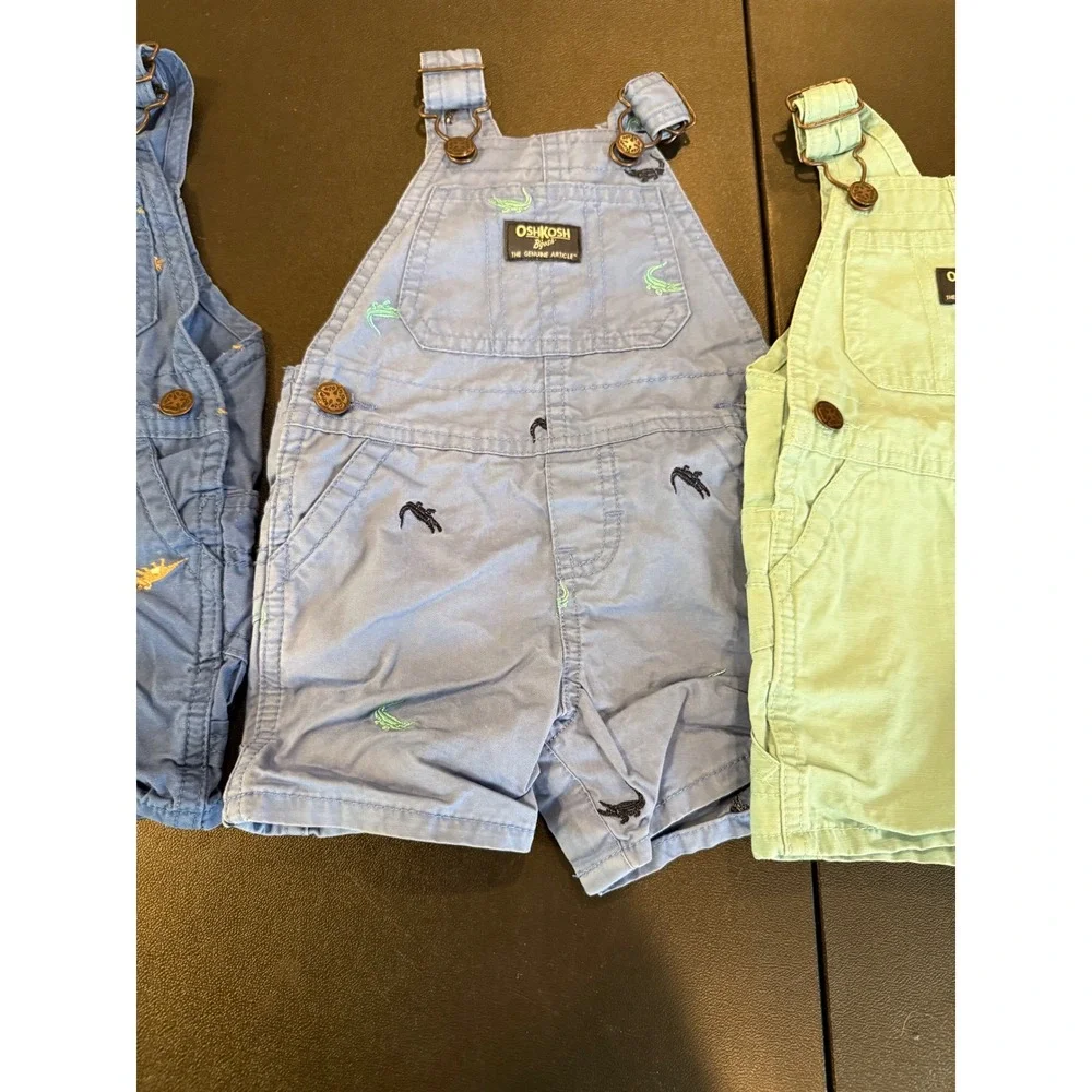 OshKosh Boys 6-9M Shortall Overalls Blue Mint Alligator Dinosaur  Bundle Of‎ 3